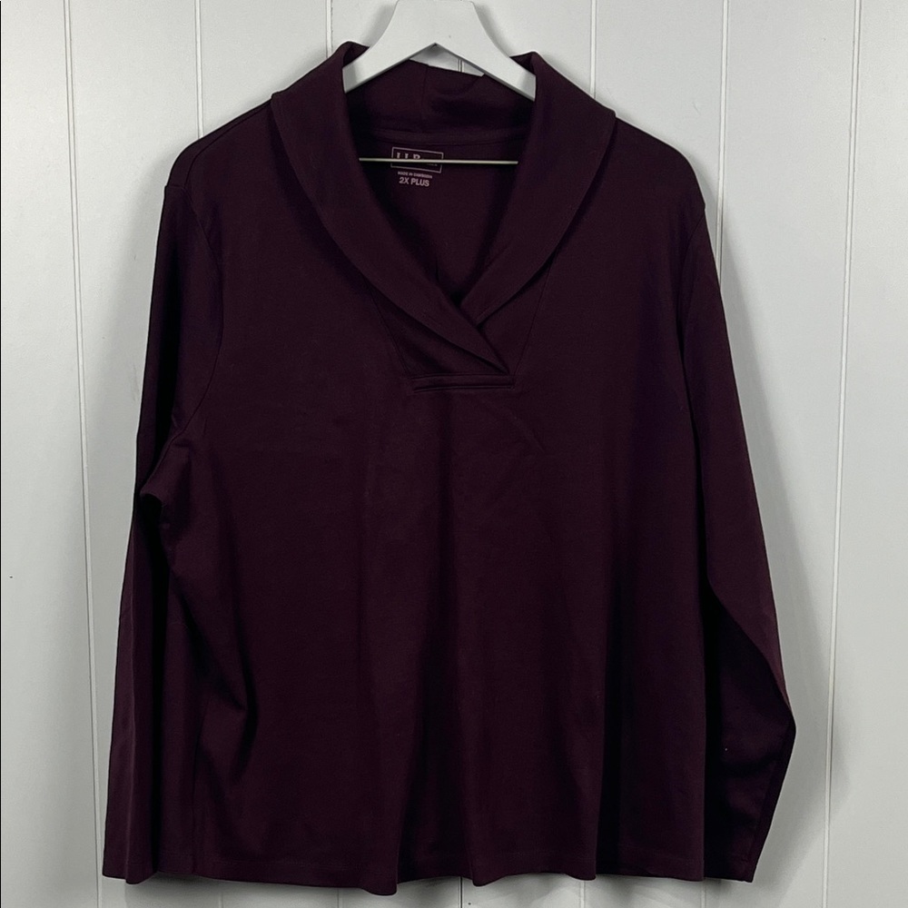 L.L. Bean Women's Pullover Top 2X Plus Burgundy Shawl Collar 100% Cotton NWOT